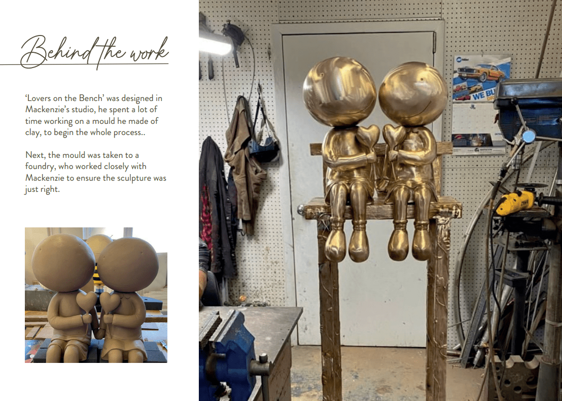 Two unfinished bronze sculptures titled Lovers on the Bench, reminiscent of Mackenzie Thorpes style, sit on a workshop bench surrounded by tools and machinery. A text on the left explores their artistic process at Marcus Ashley Gallery.