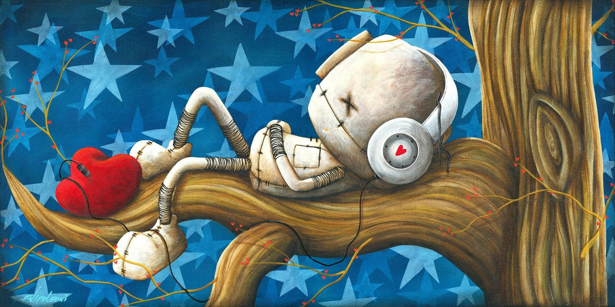 A whimsical robot with large headphones and a heart emblem rests on a branch, embodying music memory emotion. A red heart is beside it against a deep blue backdrop with stars and thin branches with red buds, reminiscent of Fabio Napoleonis intimate connection artwork. Product: Makes Me Think of You.