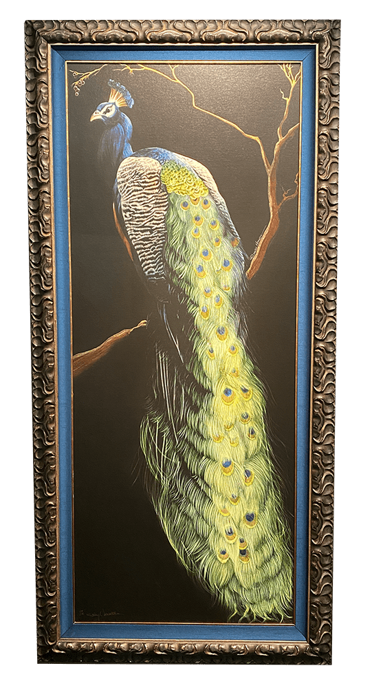 A framed painting titled Frieda Kahlo as a Peacock showcases a peacock on a branch with vibrant blue and green plumage, a long detailed tail with eye-like patterns, and a dark background that highlights the birds bright colors.