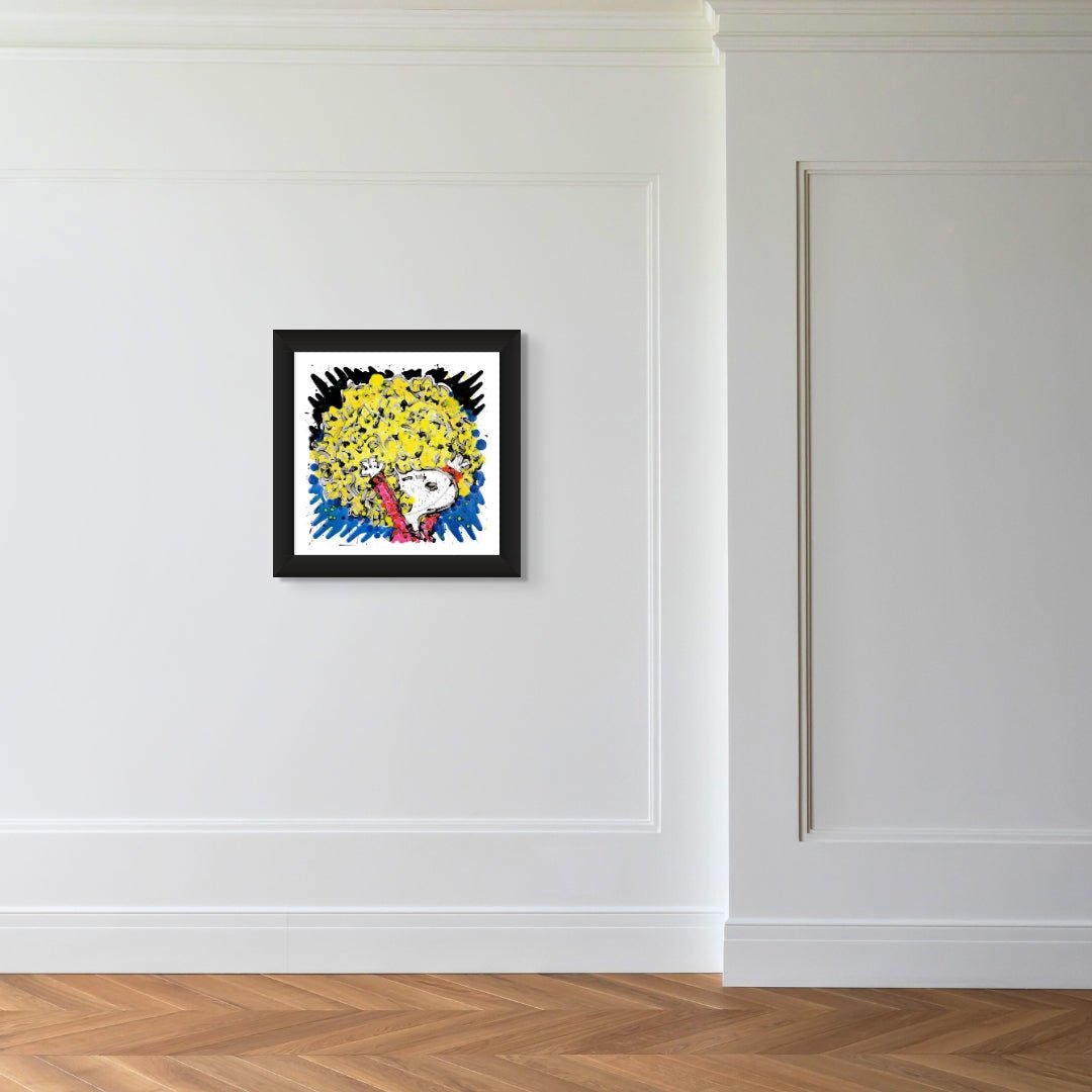 The vibrant piece, Mirror Mirror On The Wall, Whos The Top Dog Of Them All? showcases colorful abstract patterns in black, yellow, and blue within a black frame on a white wall with molding. Its style whimsically evokes Tom Everharts pop art essence against the rooms wood-patterned floor.
