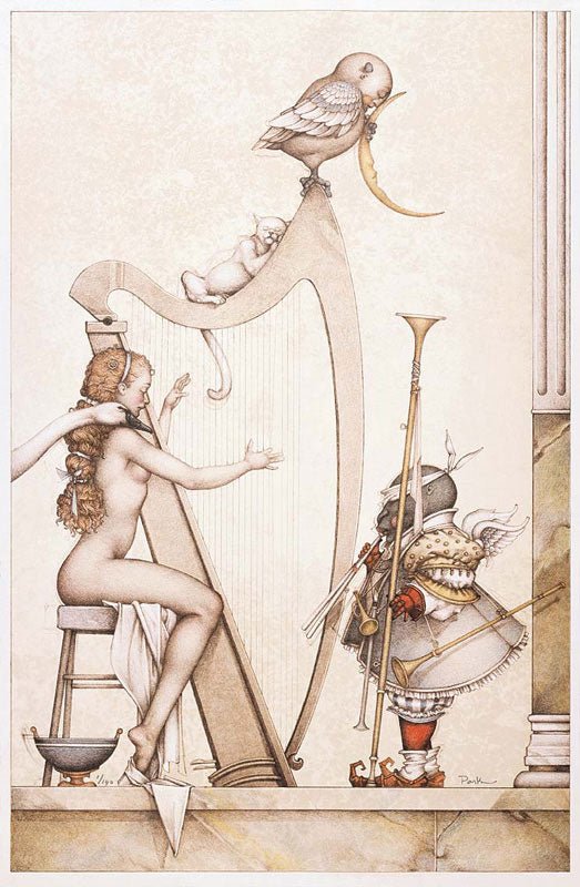 A surreal scene like a Michael Parkes lithograph shows a nude woman playing the Moon Harp, with an owl and cat atop. Nearby, a tiny armored figure with helmet and feather holds a long trumpet, adding to the whimsical tableau.
