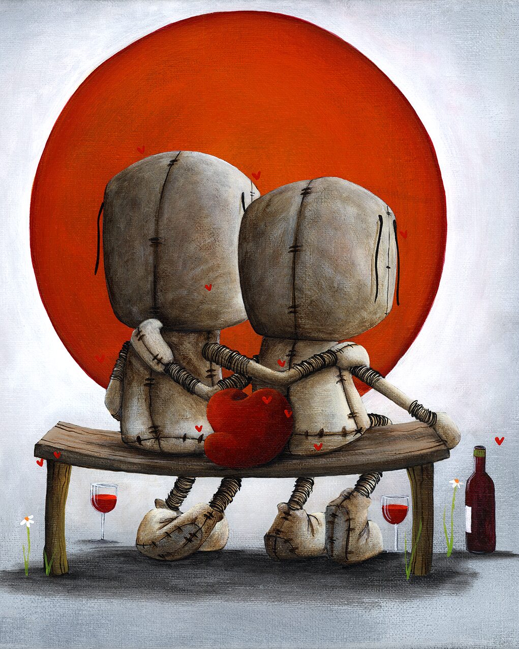 Two stitched ragdoll figures sit on a bench with wine and a red heart, facing a glowing sunset. Surrounded by tiny hearts, Much More Than Friends by Fabio Napoleoni beautifully captures romantic love.