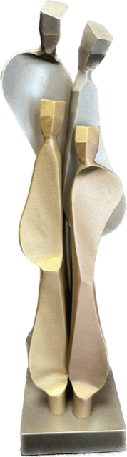 The Family w/2 Children - Multi Metal sculpture consists of three elongated geometric figures in gold, silver, and beige on a rectangular base.