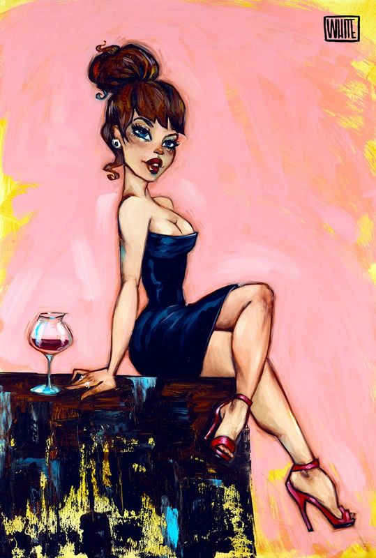 A woman with an updo hairstyle in a strapless black dress sits on a bar, holding a wine glass and wearing red heels, set against a vibrant pink and yellow backdrop. This artistic scene is reminiscent of Todd Whites style and is titled Nasty Habits.