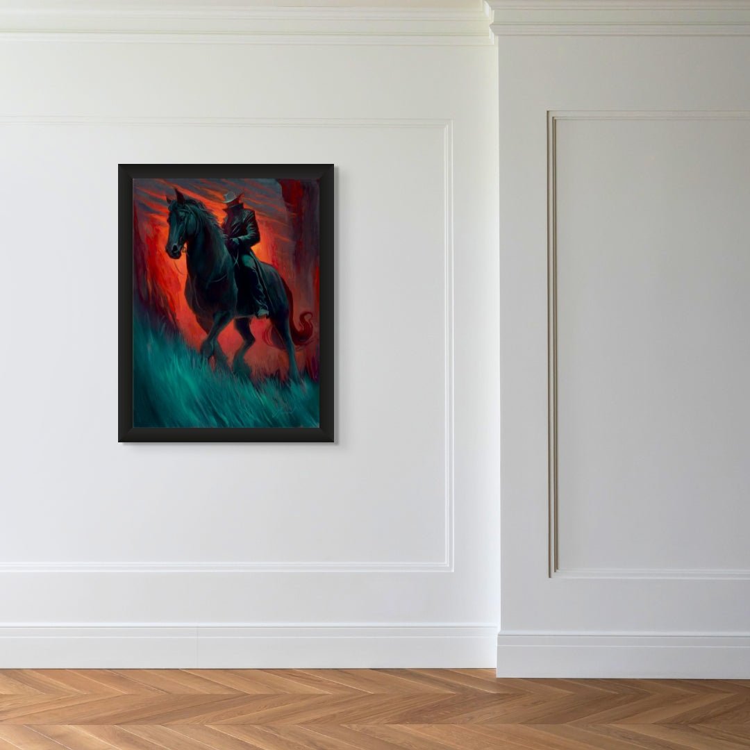 A framed painting titled No More Half Measures by Gabe Leonard, depicting a horse and rider against a fiery backdrop, hangs dramatically on a white wall, beautifully complementing the wooden herringbone flooring.