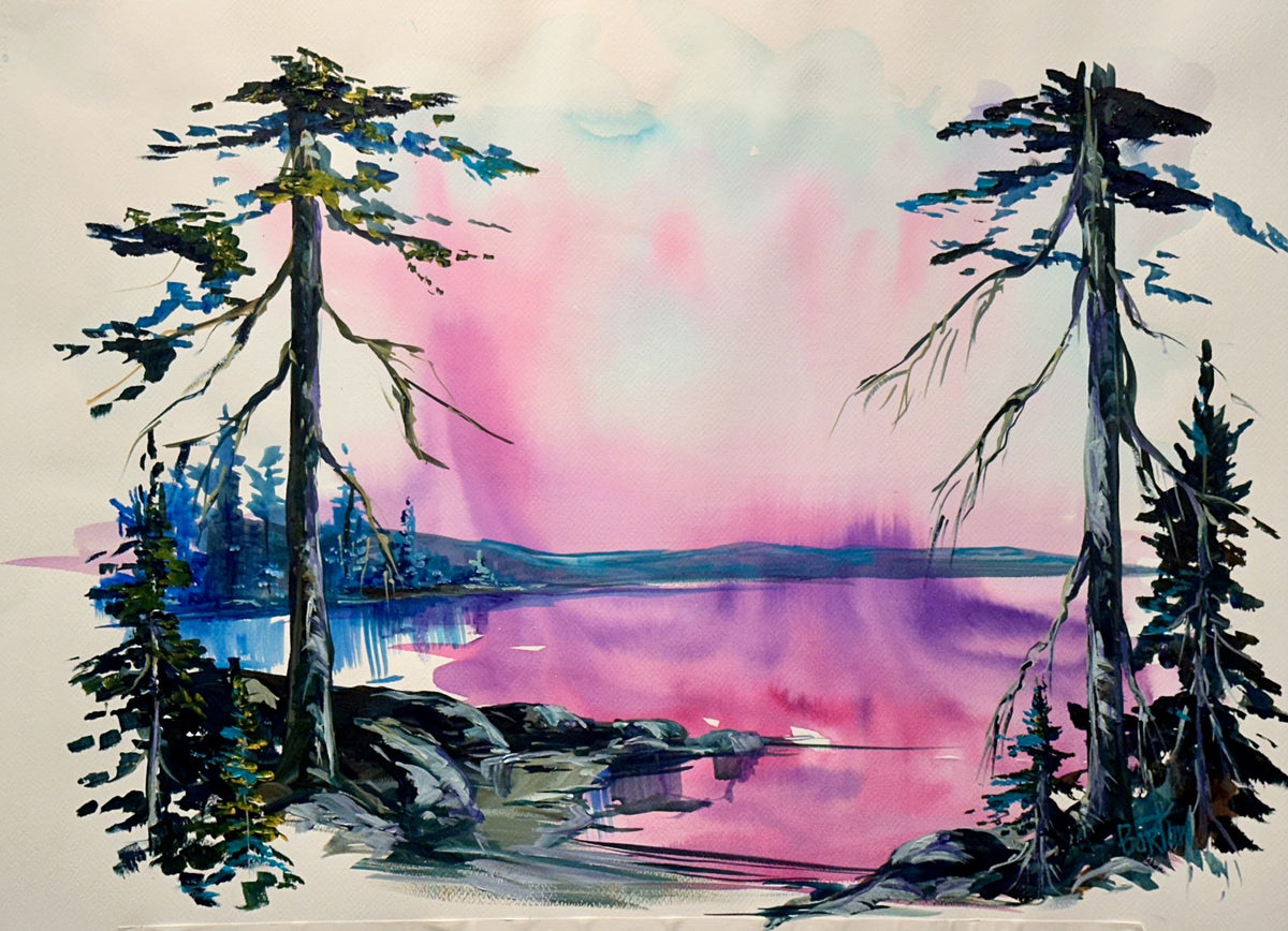 Steve Bartons Northern Lights Lake Tahoe watercolor depicts a serene lakeside sunset with two tall trees, a tranquil pink and purple sky reflecting on the water, complemented by foreground rocks and greenery for a peaceful ambiance.