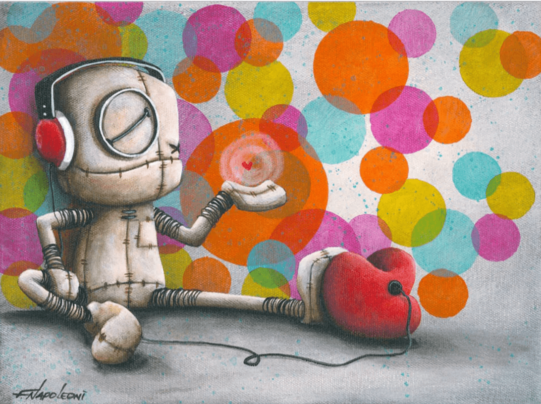 A stitched robot with headphones sits cross-legged, holding a glowing heart. Colorful circles create a whimsical feel reminiscent of the Nostalgic Soundtrack. Beside it, a large red heart enchants music lovers with its charm.
