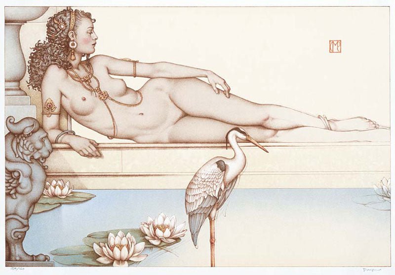 Oasis artistically portrays a woman in ancient-style attire lounging on a ledge, evoking Michael Parkes surrealism. A heron by a lotus-filled pond is set amid ornate architecture and pastel hues, capturing the delicate precision of stone lithography.