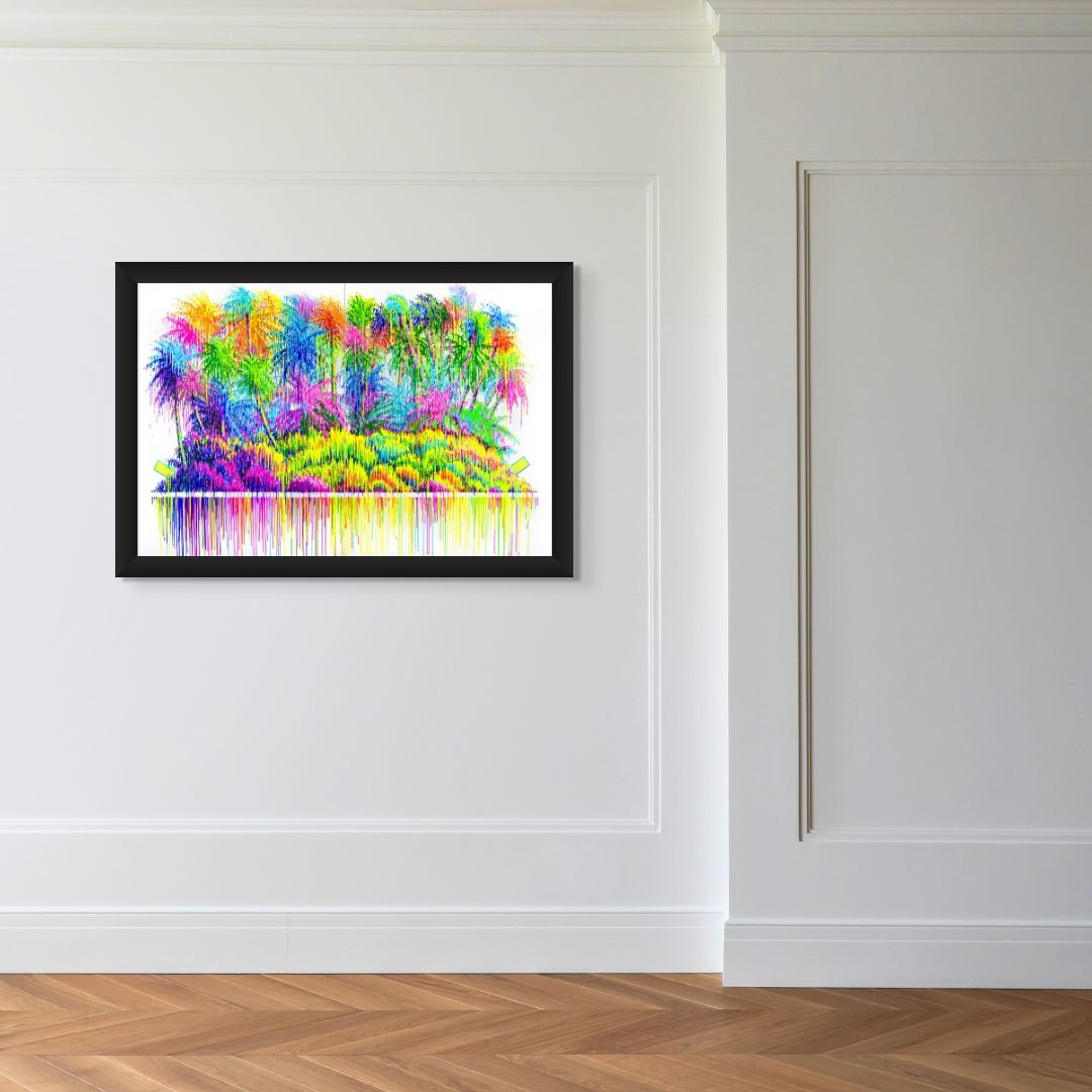 The framed artwork Paper Doll by Tom Everhart exudes vibrant energy and features a colorful forest reflection. It displays trees in vivid orange, pink, green, and blue on a white wall with a wooden floor, creating a minimalist tropical paradise setting.