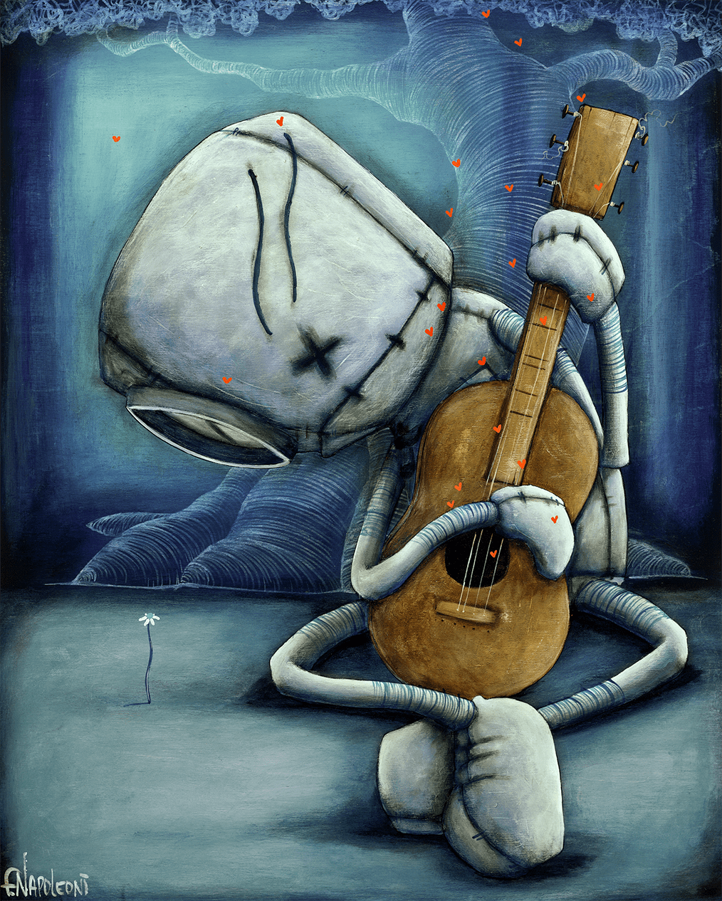 The product Playing on My Heartstrings depicts a melancholic robot with a stitched head holding an acoustic guitar, surrounded by small red hearts, with a white flower nearby against a dark blue abstract background.