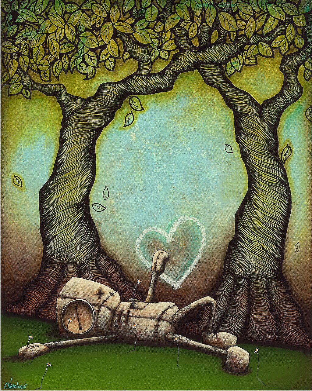 Please Fill the Emptiness depicts a whimsical scene where a robot rests on grass between two twisted trees, gazing at a heart-shaped cloud in a vibrant, surreal landscape. Nature and technology blend in this dreamlike atmosphere.