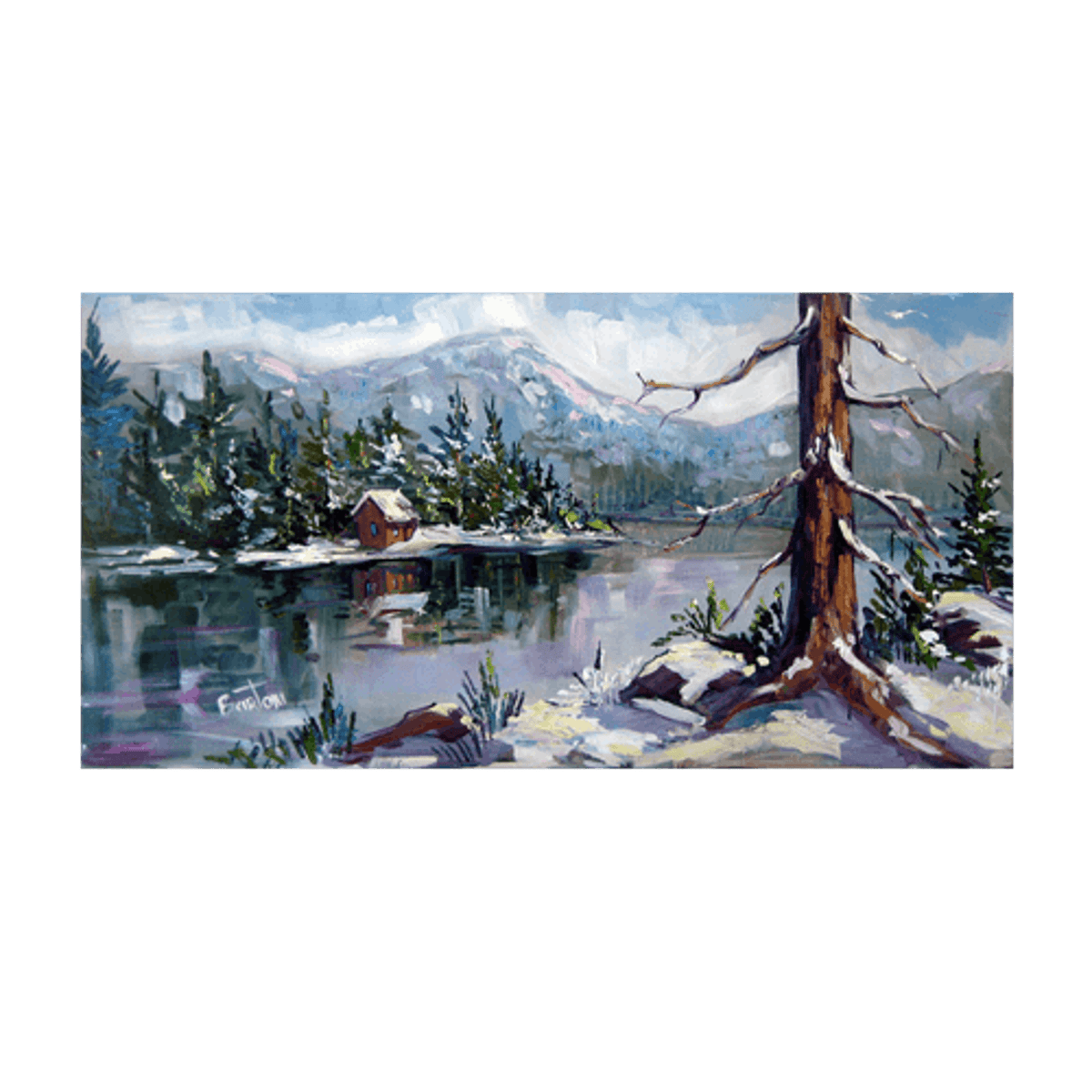 The Point of View portrays a serene winter landscape with a snowy lake, a small cabin nestled among evergreens and snow-capped mountains, reminiscent of Steve Barton Art. A large, snow-dusted tree stands gracefully in the foreground, evoking the elegance found at Marcus Ashley Gallery.