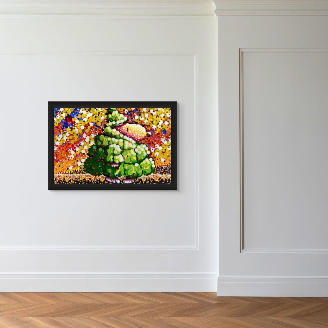 A colorful abstract painting titled Puff Doggy Dog reminiscent of Tom Everharts contemporary pop art, decorates a minimalist room with parquet flooring, featuring vibrant colors and dynamic shapes evoking trees and flowers.