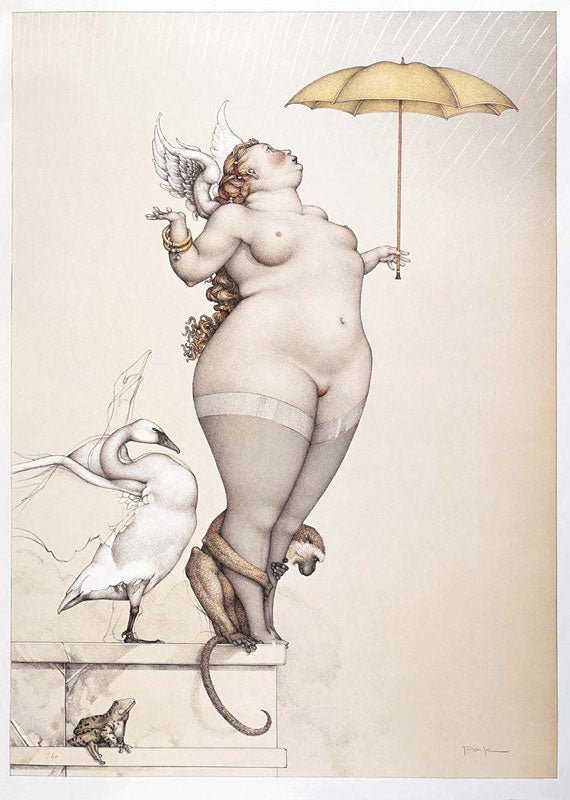 A surreal illustration titled Rain, inspired by Michael Parkes, features a winged, nude woman gracefully poised on a pedestal with a monkey and swan. Holding a yellow umbrella, she looks upward as rain falls around her in this limited edition stone lithograph.