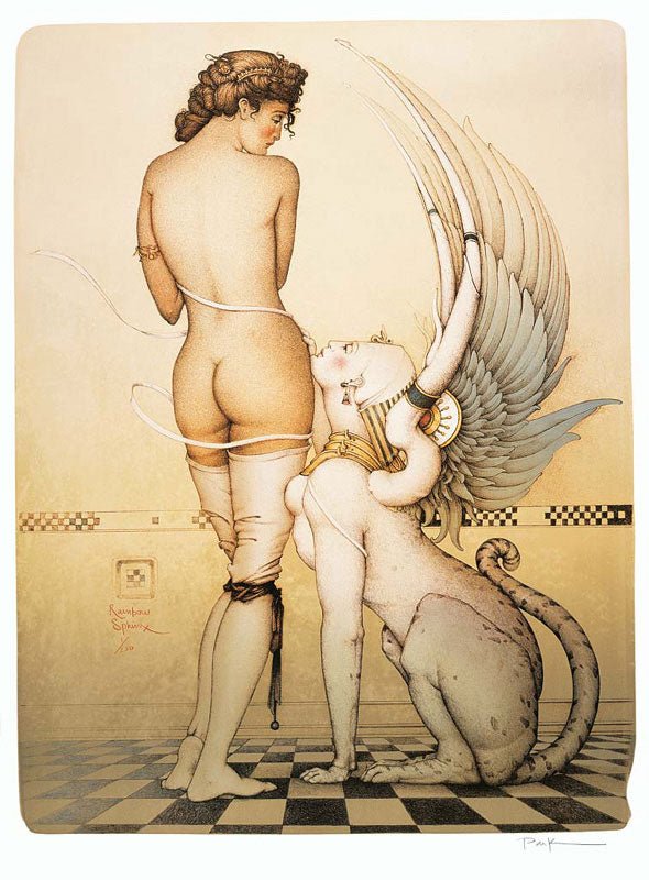 A Rainbow Sphinx with a human head and wings kneels next to a standing nude woman in a surreal, artistic stone lithograph. The piece features gold and white hues on a checkered floor, making it ideal for any fine art collection.