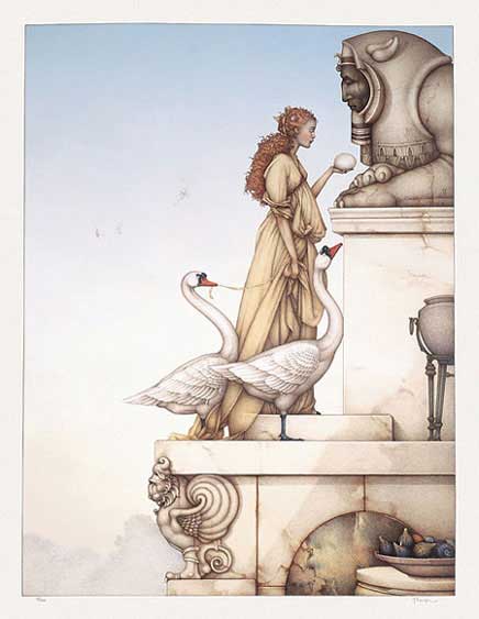 A woman with flowing hair stands on a stone ledge holding an apple, facing a large sphinx statue. Two swans accompany her amid classical architecture, adorned with carvings that echo the surreal symbolism of Michael Parkes in The Riddle lithograph.