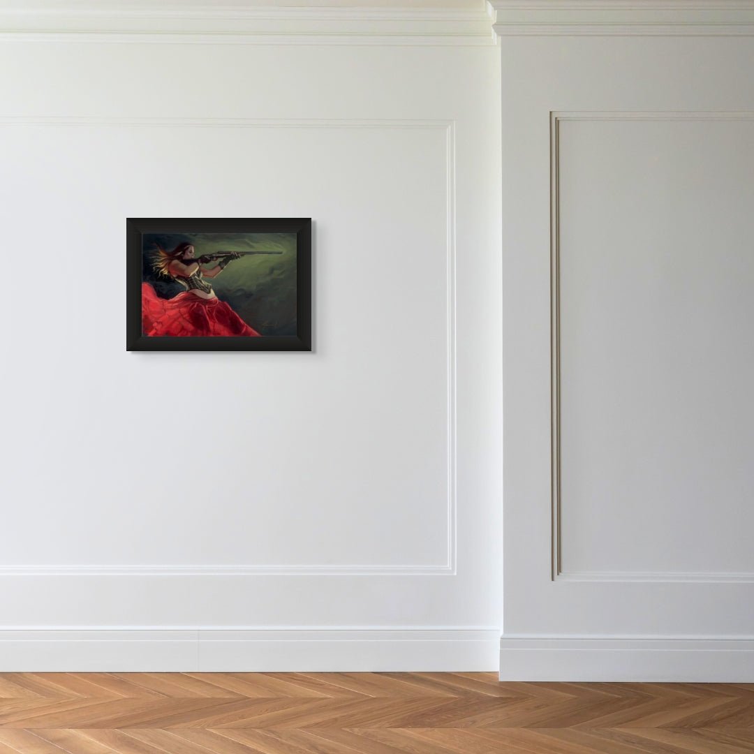 A minimalist room with white paneled walls and wooden flooring displays a powerful image: Riptide, a framed artwork of a woman in a flowing red dress playing the violin. Reminiscent of Gabe Leonards style, it enhances the rooms serene elegance.