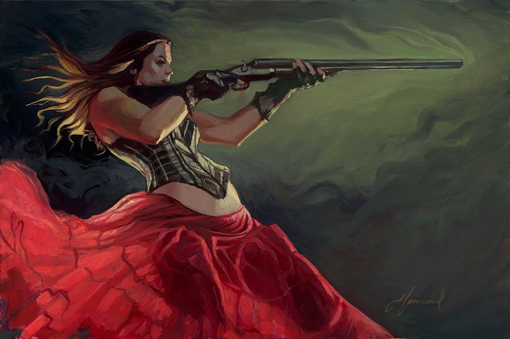 A woman in a dynamic pose, aiming a rifle with her long hair flowing behind like a riptide, wears a striped corset and billowing red skirt against a swirling green and black backdrop in Gabe Leonards powerful image Riptide.