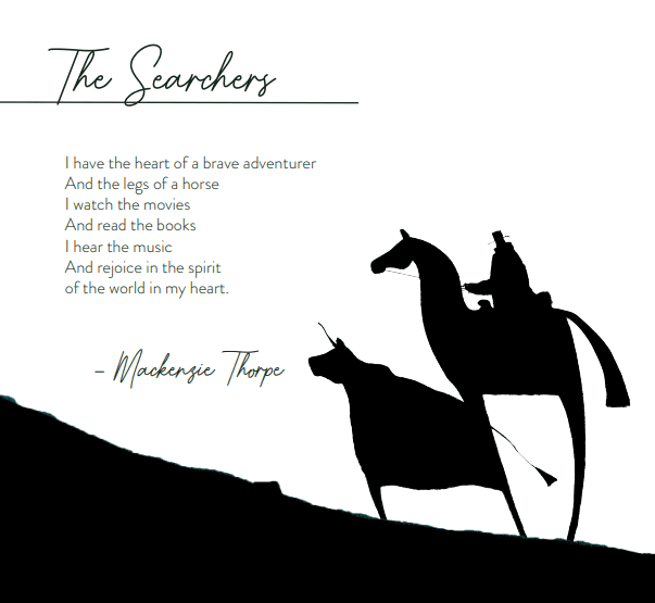 A silhouette of a person on horseback with a dog against white. The Searchers by Mackenzie Thorpe captures themes of adventure, imagination, and the worlds spirit within ones heart.