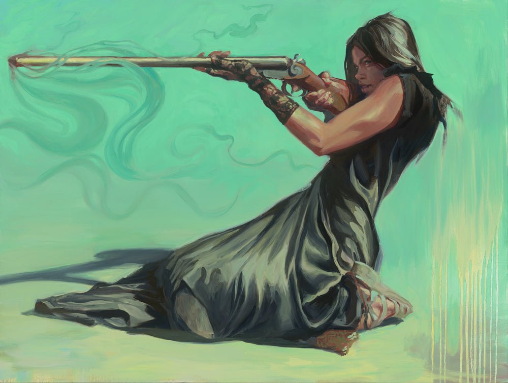 A woman wearing a flowing dress kneels, aiming her long-barreled gun with empowerment. Smoke drifts from the muzzle, adding to an ethereal scene against a muted teal backdrop. Her intense focus captivates collectors, perfectly embodying the essence of Shoot The Messenger.