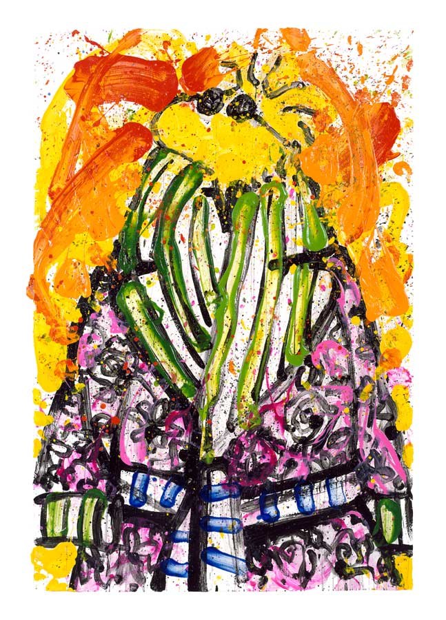 The Shorty Wearing Jim Dine / Exhibition Edition presents a colorful abstract piece, featuring a Woodstock-like yellow face with orange hair shapes, a body adorned in vibrant pink, green, and black geometric robe patterns, set against a splattered color background.