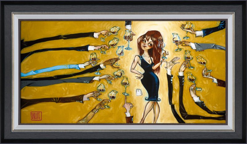 In the Todd White art piece Silly Men, Girls Dont Pay Lovingly at Marcus Ashley Gallery, a woman in a blue dress is surrounded by many arms holding glasses against a vibrant yellow backdrop. Her serene expression enhances the dynamic sleeves and festive, figurative impressionist vibe.