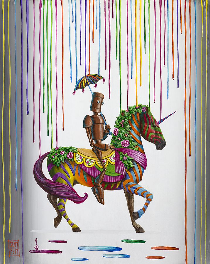 A vibrant painting highlights Sir Lance-A-Bot, the brave robot knight, on a floral-decorated unicorn. Hes holding an umbrella as colorful drips create rainbow reflections on the ground.