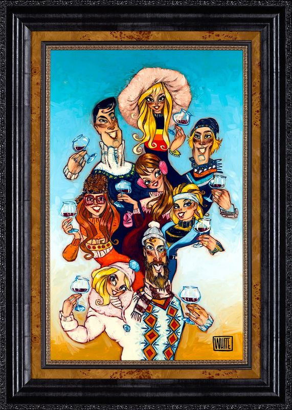 Ski Haus by Todd White is a giclée on canvas showcasing eight stylized figures in winter clothes, each holding a drink. With exaggerated features against a vivid blue backdrop, its beautifully framed in dark wood.