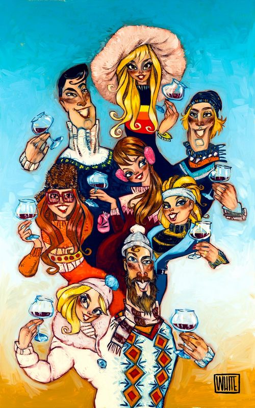 A cartoon illustration titled Ski Haus shows eight people in vibrant winter outfits, smiling and holding wine glasses. Each character sports hats, scarves, and sunglasses set against a gradient blue sky, evoking the style of a Todd White piece.