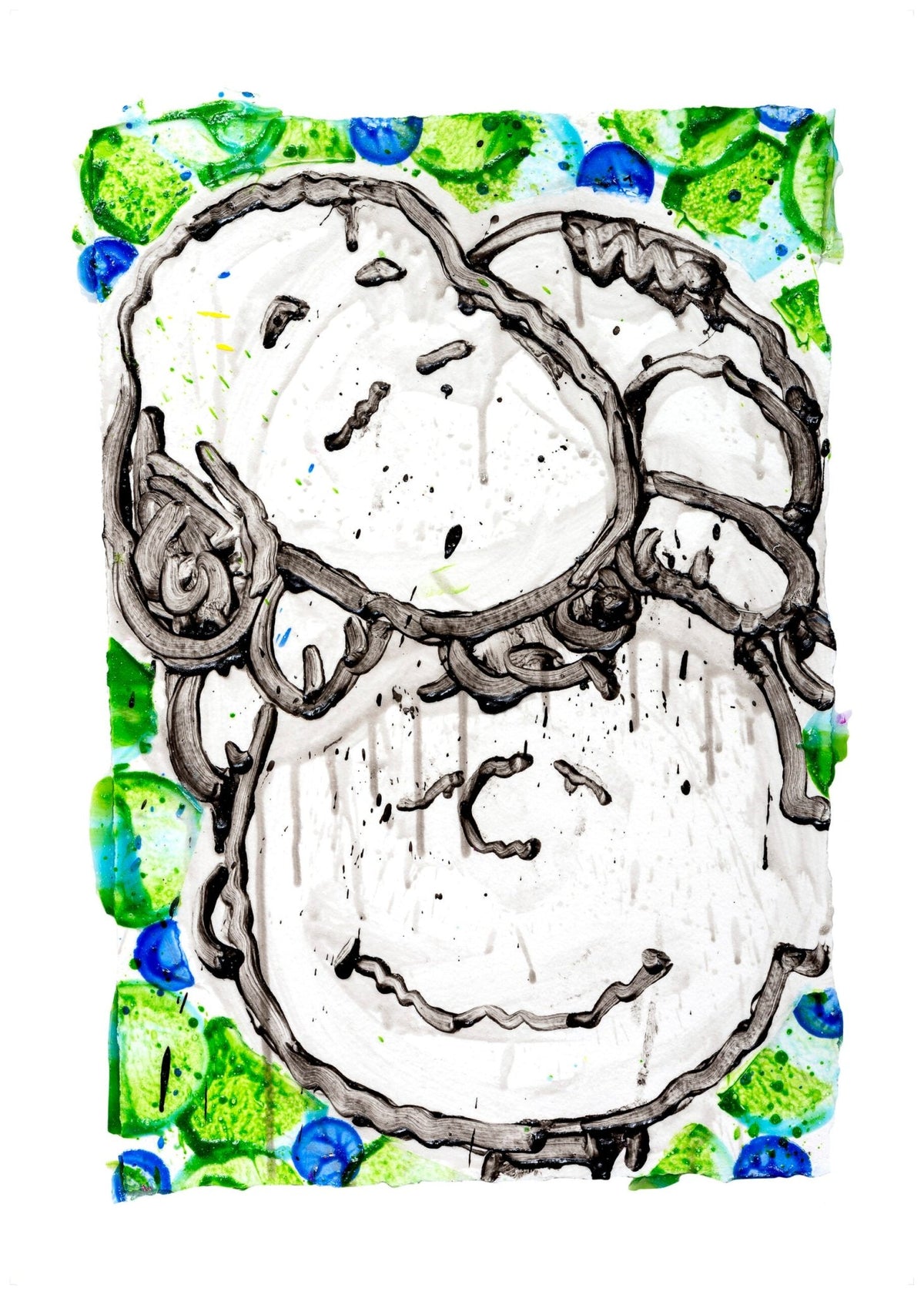 Introducing Sleepover Homie Evening: Abstract artwork with black outlined face-like shapes on white, enhanced by a blue and green dotted border reminiscent of Tom Everharts vibrant style, evoking childhood memories.