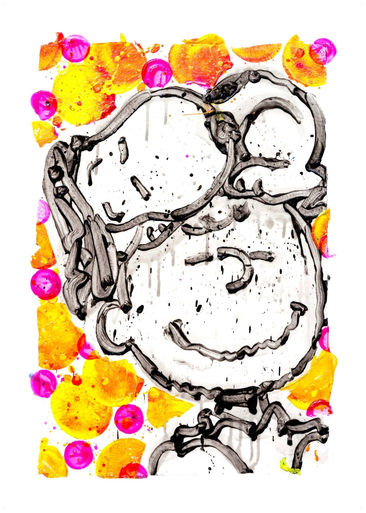 The Sleepover Homie Morning features a cartoon-style face reminiscent of Tom Everhart art, smiling with closed eyes and headphones, set against a burst of colorful paint splatters in yellow and pink, creating a vibrant and playful atmosphere.