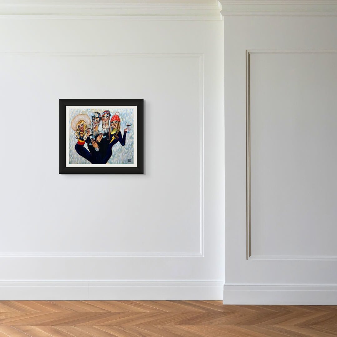 The painting Snow Flurry, an original oil on canvas featuring abstract figures, hangs in a black frame on a white wall with decorative molding. The minimalist room has a wooden herringbone floor.