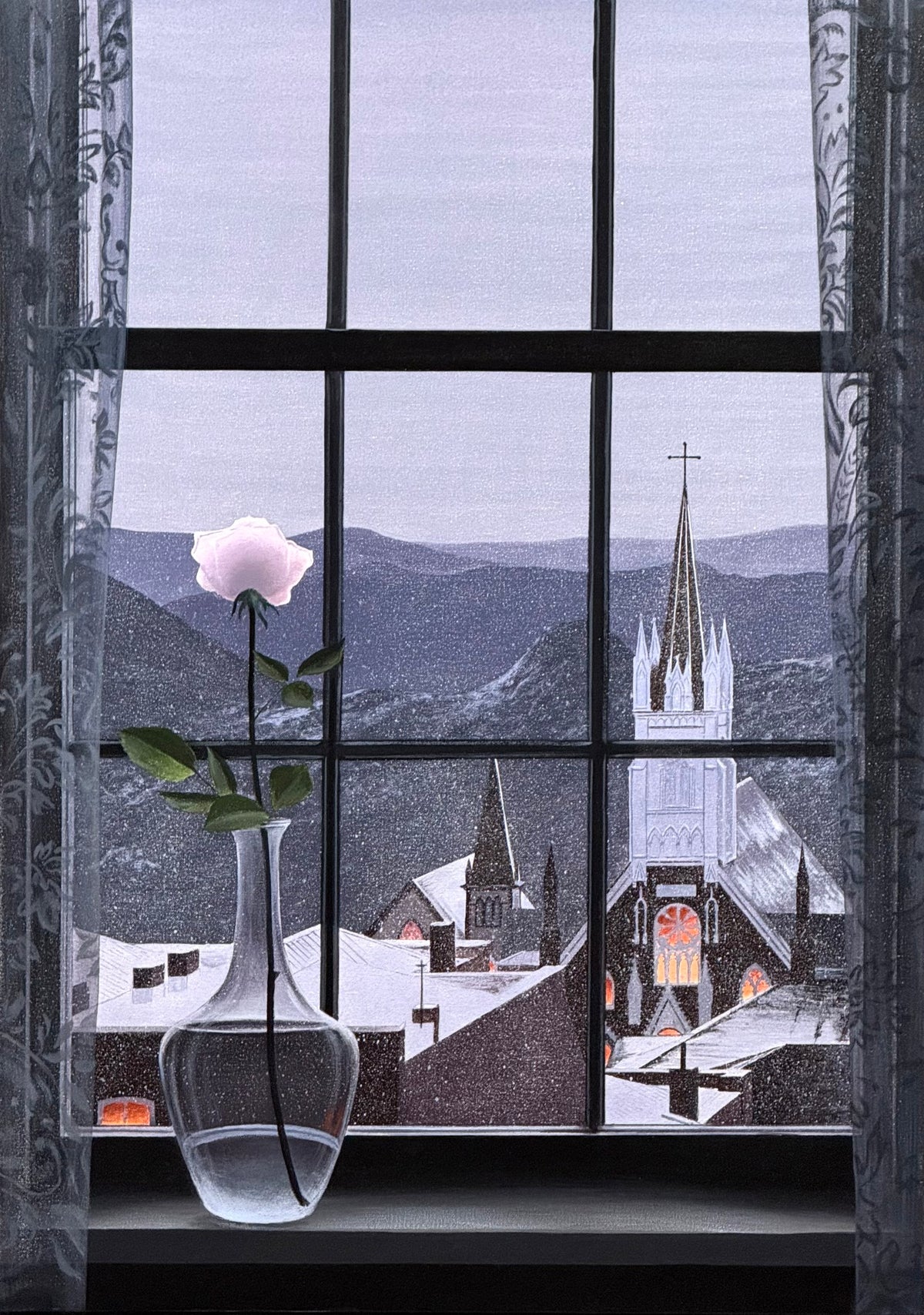 A single pink rose in a transparent vase graces the windowsill in Alexander Volkovs Snowfall in Virginia City, depicting a lit church and snow-covered rooftops set against mountains under a gray sky, all framed by lace curtains as snow blankets the town.