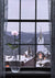 A single pink rose in a transparent vase graces the windowsill in Alexander Volkovs Snowfall in Virginia City, depicting a lit church and snow-covered rooftops set against mountains under a gray sky, all framed by lace curtains as snow blankets the town.