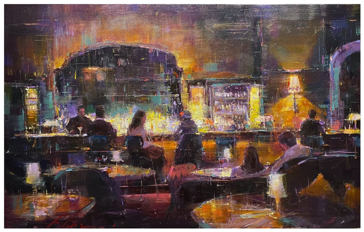 Speakeasy, a vibrant oil painting, captures a dimly lit bar scene reminiscent of Michael Flohr. With vivid brushstrokes, people are seated at tables and the bar, illuminated by warm lights, conveying a lively yet intimate nocturnal atmosphere.