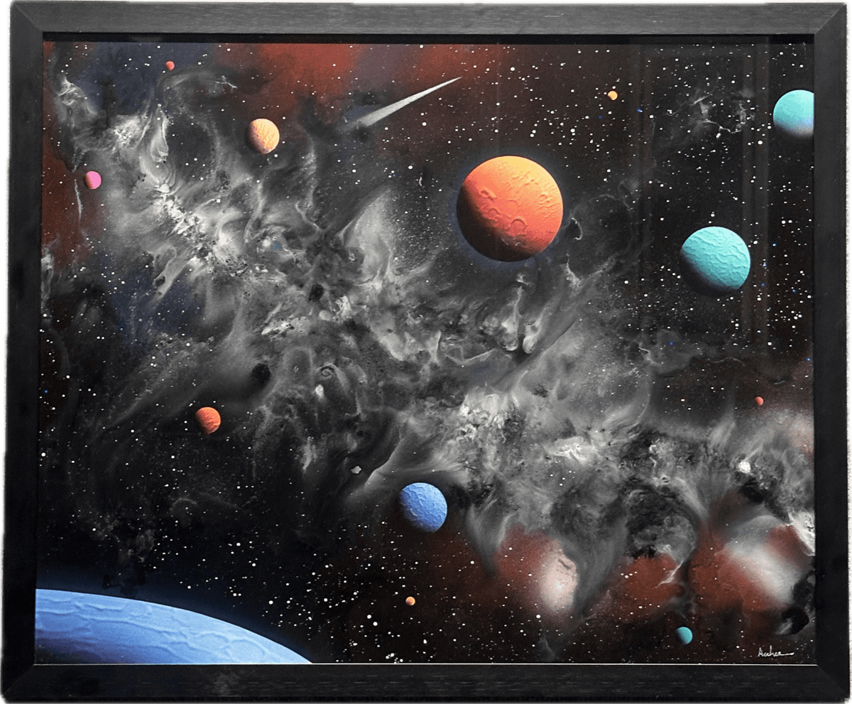 The Sterling artwork showcases a vibrant cosmic landscape with planets in red, orange, and blue against a starry backdrop, featuring varying sizes. Wispy celestial clouds add depth to this piece encased in a sleek black frame.