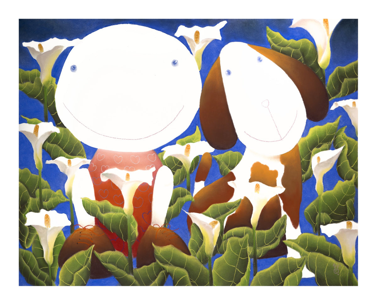 Two abstract figures with large round heads, one in a red shirt, smile amid white calla lilies and green leaves against a blue backdrop. This Giclée on paper by Mackenzie Thorpe captures the whimsical charm and pure joy of Summer of Love - Japan.