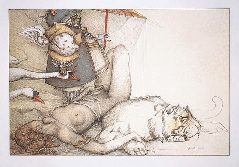 The stone lithograph Summer Swans, inspired by Michael Parkes, depicts a person lying beside a white tiger in minimal clothing, while a whimsical character in a coat and hat stands with an umbrella, completing the fantastical scene.