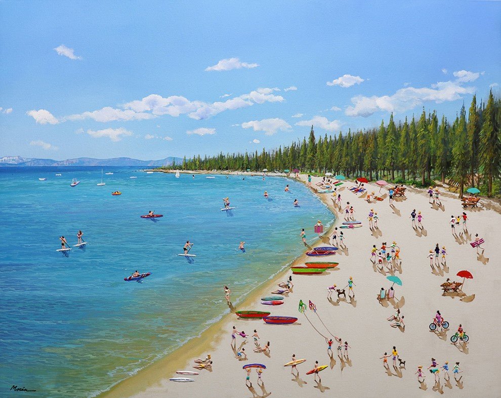 Summers on the Lake vibrant mixed media on canvas depicts a lively beach scene with people engaged in various activities, colorful umbrellas punctuating the sandy shoreline reminiscent of Lake Tahoe, and kayaks and sunbathers dotting the area as tall trees line the background beneath a clear blue sky.