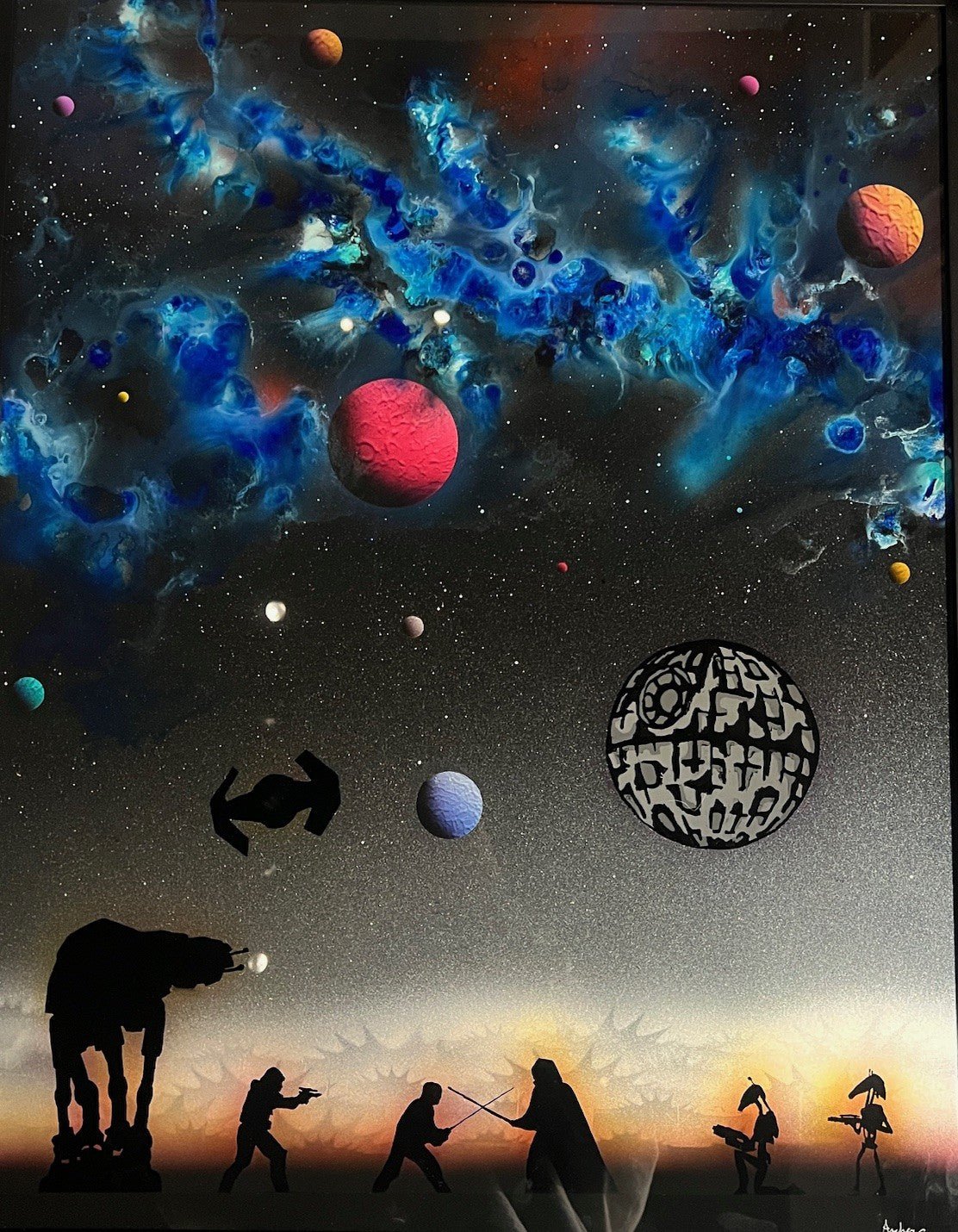 The painting Surrounded By Darkness portrays space filled with colorful planets, nebulae, and ship silhouettes above a desert-like horizon. Iconic figures strike dynamic poses, blending cosmic and terrestrial elements with hints of interstellar conflict.