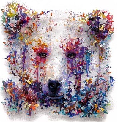 The limited edition artwork Sweet Friend features a bears face in a colorful abstract style. Crafted from multicolored paper fragments, it blends shades of blue, purple, red, orange, and green for a vibrant and dreamlike mixed media effect with dynamic texture.