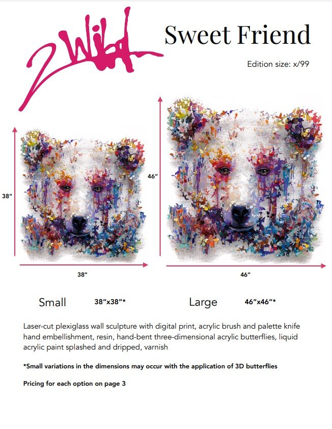 The Sweet Friend bear head sculpture by 2Wild, available in small (38x38 inches) and large (46x46 inches), showcases vibrant abstract brushstrokes, 3D butterflies, and laser-cut plexiglass accents.
