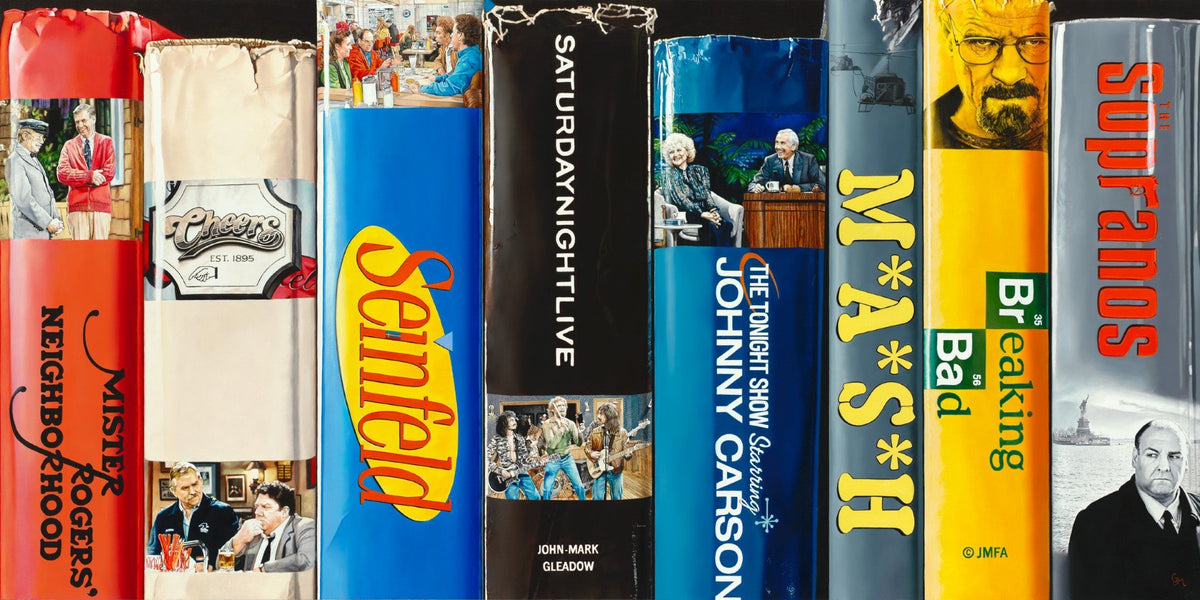 The Take Me Back books feature TV show-themed covers, such as Mister Rogers Neighborhood, Cheers, and Breaking Bad, capturing the essence of these iconic shows with realism comparable to vibrant giclée on canvas artwork.