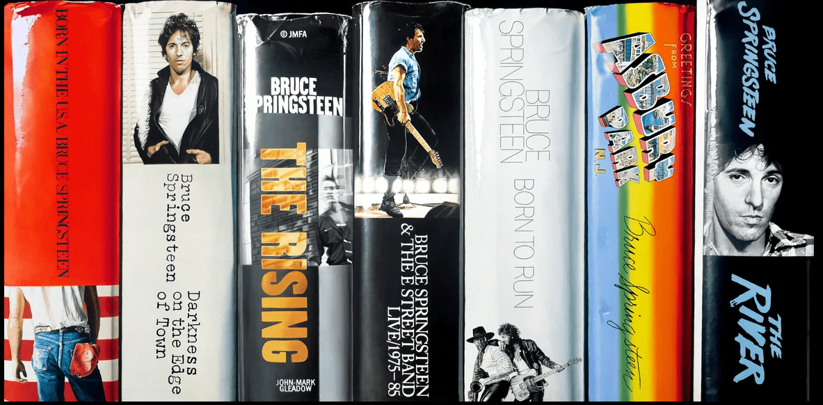 A collection of album spines featuring Bruce Springsteen’s records, including Born in the USA, The Rising, and Born to Run, with diverse artwork and typography on each spine. Product Name: The Boss.