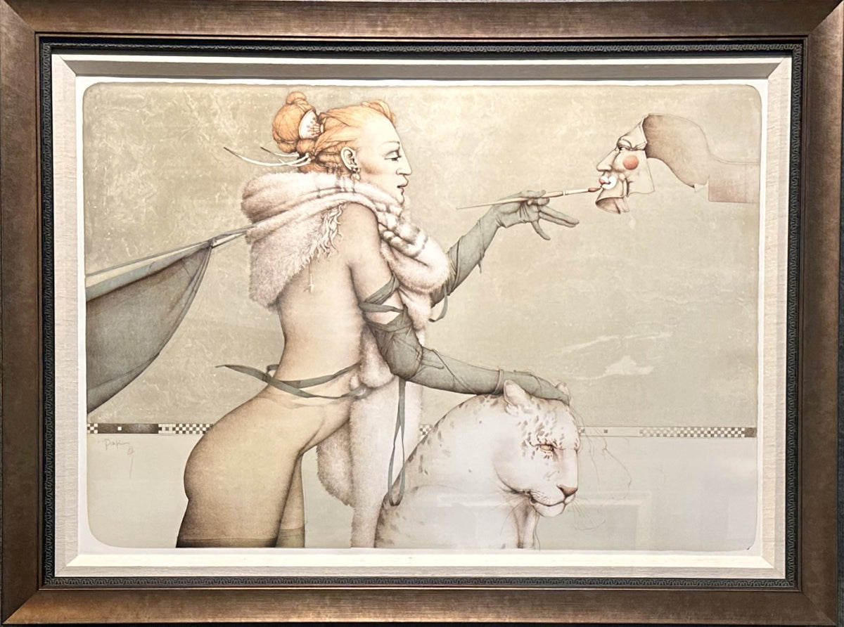 The Creation is a surreal painting in the style of Michael Parkes featuring a red-haired woman in a fur stole and gloves, seated on a large white feline, pointing at a clown-like face. This fantasy realism piece has decorative borders against a muted background with soft colors.