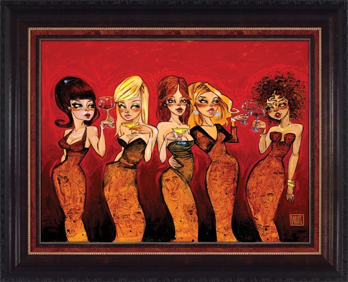 The Devils In The Details, a limited edition Todd White painting, portrays five women in form-fitting dresses with drinks, standing in a row. Set against a vibrant red background, it features varied hairstyles and expressions, epitomizing the bold aesthetic of Marcus Ashley Art Gallerys collection.