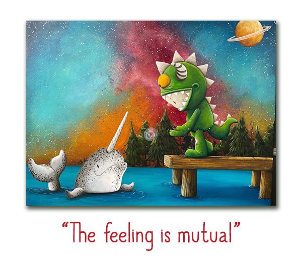 A green, dinosaur-like Dragonboy waves at a joyful narwhal in Lake Tahoes shimmering waters. Theyre under a cosmic sky filled with planets and stars, with the text The feeling is mutual evoking Fabio Napoleoni art. Product Name: The Feeling is Mutual.