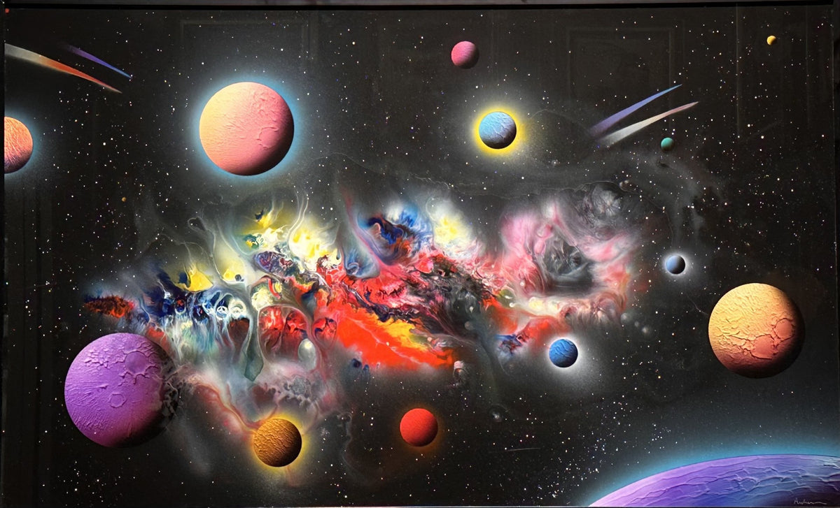 The Masterpiece is a vibrant cosmic display with colorful planets in shades of purple, yellow, orange, and red against a starry black background. Swirling nebulae and bright gaseous clouds create intricate patterns in this stunning artwork of cosmic energy.