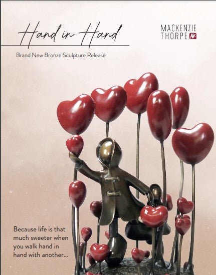 The Hand in Hand bronze sculpture depicts a figure in a coat holding anothers hand, surrounded by heart-shaped balloons, and includes text about its release and a quote on walking together.
