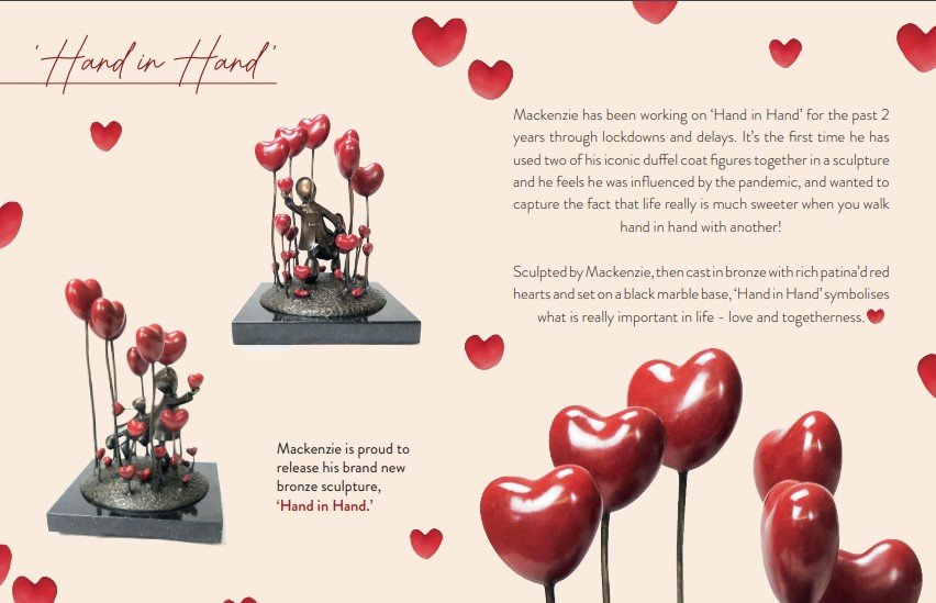 The Hand in Hand sculpture by Mackenzie showcases two figures holding red balloon hearts, symbolizing love and unity, set on a black marble base. The background features red hearts and text detailing the artworks inspiration.